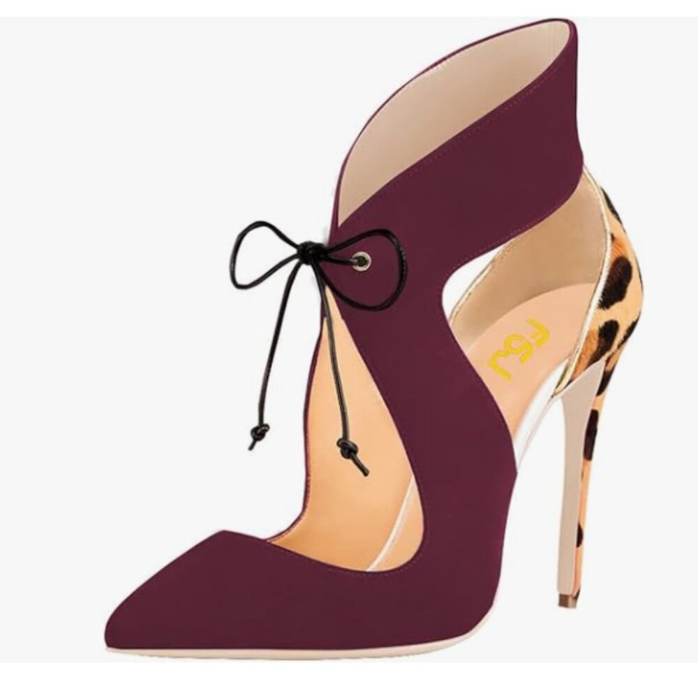 FSJ Dark Red Leopard Stylish High Heel Pumps Lace Up Sandals Cut Out Prom Shoe